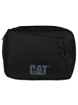 Neceser unisex negro con logo CAT en gris. Cuenta con gancho para colgar, asa de cincha, cierre de cremallera, bolsillo de malla con cremallera en un lateral y bolsillo de malla elástica en el otro.