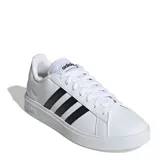 Championes urbanos Adidas modelo Grand Court Base 2.0, color blanco con las icónicas tres tiras laterales en negro. Presentan un diseño clásico de corte bajo con cierre de cordones y suela de goma resistente.