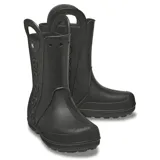 Botas de lluvia Crocs negras con asas grandes para facilitar su colocación y extracción. Presentan el logo de Crocs en la parte superior y detalles reflectantes en el talón.