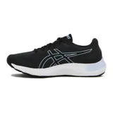 Championes de running Asics Gel-Excite 8 para mujer, de color negro con suela blanca y detalles en celeste, con tecnología AmpliFoam y capellada de malla transpirable.