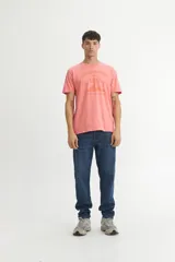 Remera de algodón color coral con cuello redondo, mangas cortas y estampa frontal con el texto 'SOLID CREW' y un diseño gráfico de un volcán en tonos naranja.
