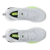 Championes de básquetbol Under Armour Curry 12 modelo Gravity, con diseño en tonos gris claro, detalles en negro y acentos en verde neón. Presentan parte superior de malla transpirable, contrafuerte de TPU en el talón y suela de goma de alta tracción.
