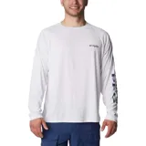 Remera de manga larga Columbia Terminal Tackle color blanco, con logo de la marca en el pecho y estampado "PFG" en la manga izquierda. Cuenta con mangas raglán y tecnología de protección solar y secado rápido.