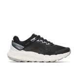 Championes de trail running Merrell modelo Antora 4, color negro con detalles en blanco y gris. Presentan una parte superior de malla transpirable con refuerzos de TPU, entresuela de espuma FloatPro para mayor amortiguación y suela de goma Quantum Grip para un agarre superior en terrenos irregulares.