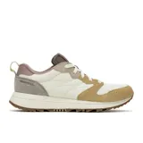 Championes Merrell Alpine 83 para mujer, color beige con detalles en marrón y blanco. Capellada de gamuza y tela, cordones y correas 100% reciclados, forro de microfibra 100% reciclada, plantilla de espuma EVA extraíble 50% reciclada, entresuela de espuma EVA liviana y suela de goma de 500 g.