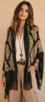 Pashmina de estilo bohemio en color negro con bordados detallados en hilo dorado y beige, terminación con flecos en los extremos.