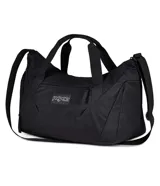 Bolso deportivo tipo duffel de la marca Jansport, color bordó, con doble asa de mano y correa ajustable para hombro. Cuenta con cierre principal, bolsillo frontal con cierre y logo de la marca aplicado.