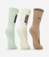 Kit de tres pares de medias de caña alta Puma en tonos verde menta, beige y marrón, confeccionadas en algodón con detalles de logo y lettering en contraste.