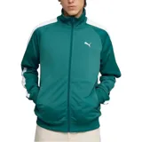 Campera deportiva Puma modelo T7 Track Jacket, color negro con franjas blancas en las mangas. Presenta cuello alto, cierre frontal completo y logo de la marca bordado en el pecho.