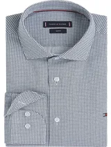 Camisa de manga larga Tommy Hilfiger para hombre con micro estampado de puntos azules. Cuenta con cuello inglés, cierre frontal con botones y logo de la marca bordado en el pecho.