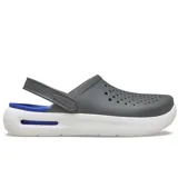 Zuecos Crocs InMotion color gris oscuro con suela blanca y detalles en azul. Presentan diseño deportivo con perforaciones en la parte superior, tira trasera pivotante y plantilla acolchada LiteRide.