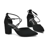 Zapato de vestir Via Marte modelo Oriane, color negro, con taco cuadrado, punta fina y tiras cruzadas con apliques de strass en el empeine y tobillo.