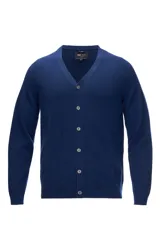Cardigan de cashmere azul con cuello en V y cierre frontal de botones. Presenta un diseño de tejido liso con puños y ruedo acanalados.