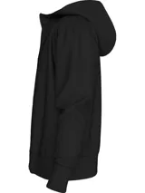 Buzo con capucha y cierre frontal completo, color negro, con puños y dobladillo en punto canalé. Presenta una cinta decorativa con el logo de la marca a lo largo de la cremallera.