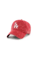 Gorra tipo dad hat de la marca '47, con diseño de seis paneles, corona relajada y visera curva. Presenta un acabado lavado en color rojo con efecto desgastado y el logo de los Los Angeles Dodgers bordado en blanco en el frente.