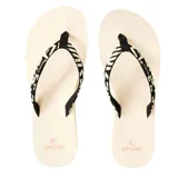 Ojotas Rip Curl Freedom Bloom Open Toe, con base blanca y tiras de tela estampadas en blanco y negro con detalles en verde claro, e incluye el logo de la marca en una de las tiras.
