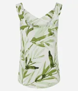 Blusa sin mangas Marfinno de viscolino, con escote en V y estampa de follaje verde sobre fondo beige. Cuenta con breteles anchos fruncidos.