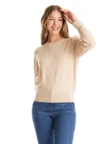 Buzo de tejido de punto gris, con cuello redondo, mangas largas con diseño de rombos calados y detalle de volado en los puños. Presenta hombros ligeramente fruncidos y terminaciones en rib acanalado.