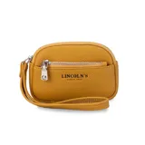 Monedero de mano con diseño rectangular y textura granulada, marca Lincoln's. Cuenta con cierre perimetral, bolsillo frontal con cierre y correa de muñeca integrada.