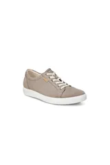 Championes casuales Ecco Soft 7 para mujer, color gris cálido, con cordones blancos y suela blanca gruesa.