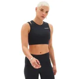 Top deportivo negro New Balance, modelo Shape Shield Crop Bra, con tecnología NB DRYx que absorbe la humedad, tirantes dobles y almohadillas extraíbles.