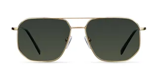 Lentes de sol con montura metálica dorada de diseño geométrico inspirado en el estilo aviador, con lentes polarizadas en color verde oliva.
