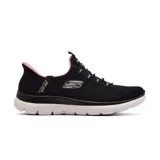 Championes deportivos Skechers Hands Free Slip-ins Summits Dream Chaser, color negro con detalles en rosa. Capellada de malla de ingeniería con cordones elásticos fijos, plantilla acolchada Skechers Air-Cooled Memory Foam y suela exterior flexible con tracción.
