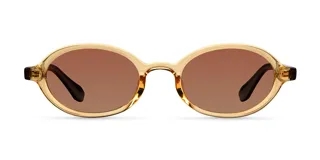 Lentes de sol con montura ovalada de color amarillo traslúcido y lentes color marrón. Diseño de bordes finos con protección UV400 y lentes polarizadas.