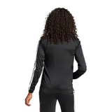 Campera deportiva Adidas tipo track jacket, color negro con las icónicas tres tiras blancas en las mangas y logo de la marca estampado en el pecho. Cuenta con cierre frontal completo, cuello alto y puños elásticos.