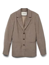 Blazer de corte regular con cuello sastrero y cierre frontal de botones. Presenta puños abotonados y está confeccionado en tejido plano con estampado de cuadros en tonos beige, negro y bordó.