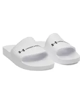 Sandalias Under Armour modelo Armour Slide Lite, color blanco con diseño moldeado de una sola pieza y textura en la tira superior, que incluye el logo de la marca en color negro.