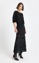 Pollera midi de punto color negro, con diseño calado y franjas horizontales de diferentes texturas. Presenta un corte entallado que se ensancha ligeramente hacia el ruedo.
