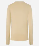 Suéter de punto color amarillo, con escote en V y mangas largas. Presenta un diseño básico y versátil, confeccionado en una mezcla de viscosa, poliamida y elastano.