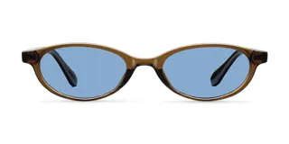 Lentes de sol con montura ovalada de acetato en color mostaza y cristales polarizados en tono celeste.