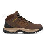 Bota de senderismo Columbia Transverse Hike, color marrón con detalles en negro y beige. Presenta construcción impermeable y transpirable, con parte superior de piel y malla, entresuela amortiguadora y suela de alta tracción.