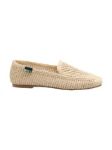 Mocasín de mujer RKF modelo Rita, elaborado en rafia natural de color beige, con diseño tejido, punta redonda y suela plana.