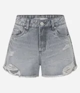 Short de jean de tiro medio, color gris con efecto acid wash, roturas y ruedo deshilachado de la marca Blue Steel.