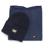 Set de gorro tipo beanie y cuello de lana en color azul marino. El gorro cuenta con un parche frontal con el logo de la marca Caterpillar.