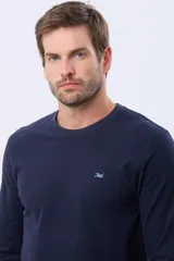 Remera manga larga lisa, color gris claro, con cuello redondo y logo bordado en el pecho.