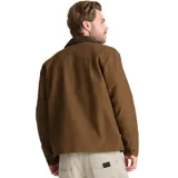 Campera de lona encerada color marrón, con cuello de pana en tono contrastante, cierre frontal con cremallera y botones a presión, bolsillos frontales tipo parche y forro interior de franela.