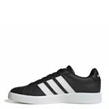 Championes urbanos Adidas modelo Grand Court Base 3.0, color negro con las icónicas tres tiras laterales en blanco y suela de goma blanca.