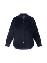 Sobrecamisa de pana azul marino con cuello clásico, cierre frontal con botones a presión y bolsillo de parche en el pecho izquierdo.