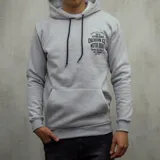 Canguro gris con capucha y cordones negros, bolsillo tipo canguro y estampa en el pecho con el texto "Duxon Co Motor Brand".