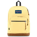 Mochila Jansport color amarillo con base marrón, logo de la marca en el frente, bolsillo frontal con cierre y bolsillo lateral para botella de agua. Incluye funda interna para laptop de 15 pulgadas.