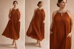 Vestido midi de corte holgado y fluido, color terracota, con cuello halter decorado con pedrería brillante. Presenta un diseño plisado en toda la prenda y bolsillos laterales.