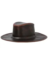 Sombrero de cuero marrón estilo australiano, con ojales metálicos laterales para ventilación y ala ancha.