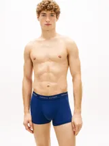 Pack de tres calzoncillos tipo bóxer de microfibra elástica en tonos azul, celeste y azul marino, con cintura elástica con la inscripción de la marca Tommy Hilfiger.