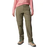 Pantalon de trekking Columbia modelo Leslie Convert, color verde oliva. Es una prenda técnica convertible que permite desmontar las piernas para transformarse en shorts. Cuenta con cintura media, rodillas articuladas, múltiples bolsillos funcionales y tecnología de secado rápido.