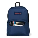Mochila JanSport Superbreak azul marino con logo de la marca bordado en el frente.