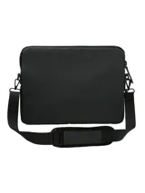 Maletín porta laptop de poliéster reciclado resistente al agua, color gris oscuro. Cuenta con compartimento principal acolchado, dos bolsillos frontales con cierre, bolsillo interior, correa ajustable y removible, y llavero mosquetón decorativo.